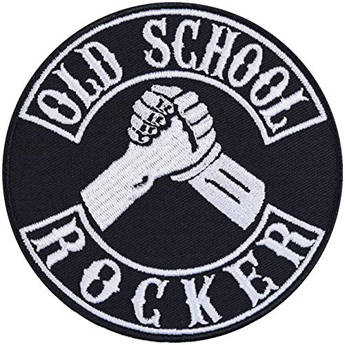 Rocker tygmärke Old School Rocker påstrykning biker patch för att sy/stryka på | jeans lappar/strykbilder motorcykeltillbehör rockabilly rock n' rulle applikation för alla tyger | 90 x 90 mm