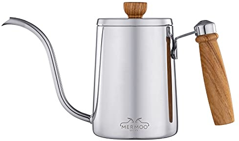 MERMOO YILAN Kaffeekanne 600ml Schwanenhals Kaffeekessel Tropfkaffeekanne Pour Over kaffeebereiter Teekessel Schwanenhalsausguss für 1~2 Tassen Handbrüh (Silber)