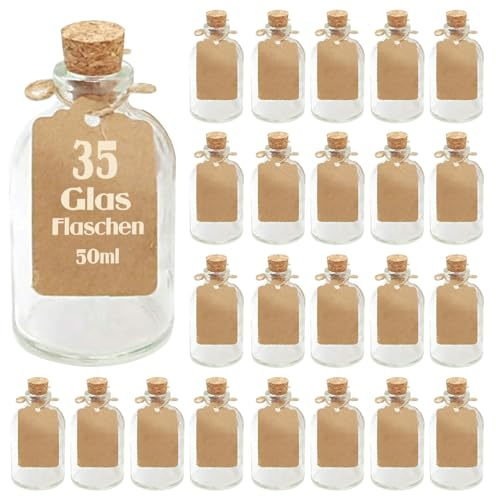 casavetro 35 x 50 ml kleine Glas-Fläschchen mit Kork Deckel Glasflaschen für Hochzeit Geschenke set Gastgeschenke (35 Stück- inkl.alles)