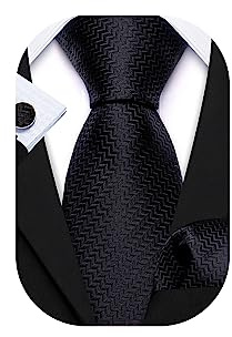 Barry.Wang Solid Black Ties Extra Long Necktie for Men Silk Pinstriped Pocket Square Cufflink Wedding Formal