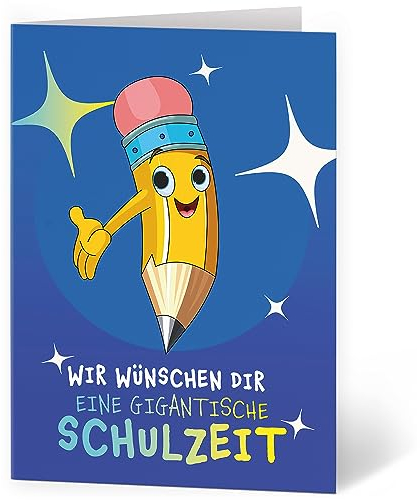 XXL Glückwunschkarte (A4) Einschulung mit Umschlag Thema Schule Blau Stift Witzig - hochwertige Klappkarte | Große Design Maxi Karte Grußkarte Gutschein