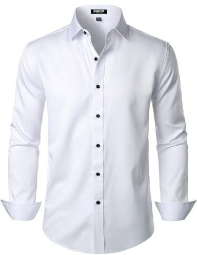 JEMITOP Men's Stretch Wrinkle Free Dress Shirts Formal Wedding Prom Long Sleeve Button Down Shirt White M