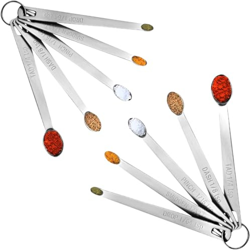 CLVEDU Set med 10 st mätskedar – 2-pack 1/4, 1/8, 1/16, 1/32, 1/64 tesked – metallskedar i rostfritt stål för matlagning, bakning, pulver, kryddor, salt
