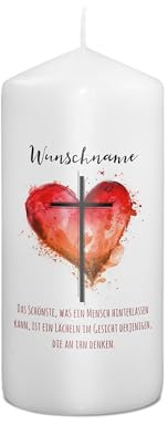 PhotoFancy® - Personalisierte Trauerkerze - Fotokerze mit eigenem Foto/Text bedrucken lassen - Kerze mit Design: Herz - 15 cm Höhe