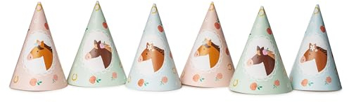 Festhattar, 16 cm, festhatt, set med 6 st med hästmotiv – födelsedagshatt för barns födelsedag, flickor – partyhattar som kostym tillbehör – födelsedagsdekoration och festdekoration – pastellrosa,