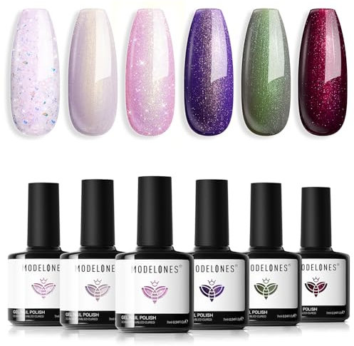 Modelones UV Nagellack 6 Farben Glitzer Weiß Rosa Lila Grau Braun Gel Nagellack UV Nageldesign Sets Soak Off Gel Polish für Maniküre Nageldesign Herbst
