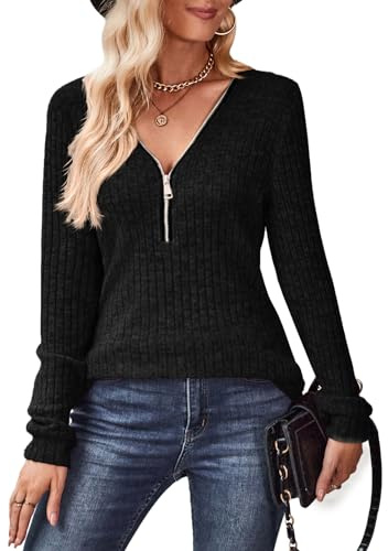 Gemulate Long Sleeve Jumpers for Women Zipper Pullover Sweaters Casual Ladies V Neck Plain Sweatshirts Clothes Black S