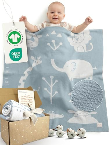 Babydecke Baumwolle, Baby Decke Neugeborenen, Baby Blanket Newborn, Blau | Decke Baby 100% Bio Baumwolle, GOTS & OEKO-TEX, Kuscheldecke Baby mit Wachstumsskala, Strickdecke Baby für Jungen & Mädchen