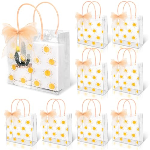 FYSUIMU 24 Set Boho Sun Clear PVC Gift Bags with Handles Ribbon First Trip Around The Sun Plastic Bags Groovy Watercolor Sunshine Goodie Treat Bag for First Birthday Baby Shower Gender Reveal Party