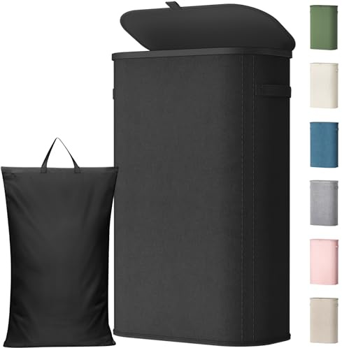 Lifewit Tvättkorg med Lock, Tvättkorg Smal för Tvättsortering med Avtagbara Påsar, Hopfällbar Laundry Basket för Tvättstuga, Sovrum, Badrum och Studentrum, 65 L, Svart