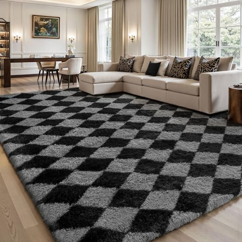 Sour Lemon Alfombra a cuadros de pelo largo, alfombras para salón, antideslizante, lavable, extra grande, mullida, alfombra de pelo largo, para dormitorio, habitación infantil, color: negro y gris