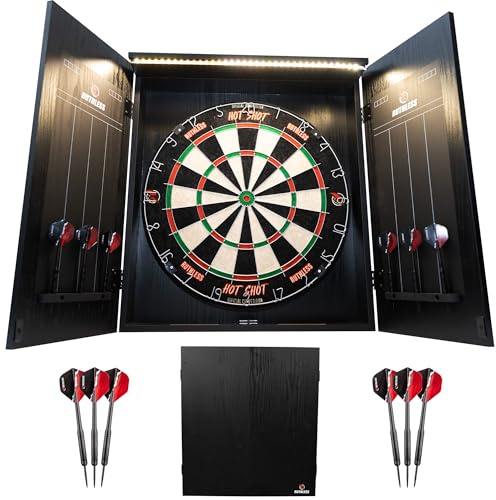 Ruthless Home Darts Center mit oder ohne LED-Lichtoptionen | Home Dart Board Center inkl. Schrank, Dartscheibe und 2 Sets Dartpfeile (USB)