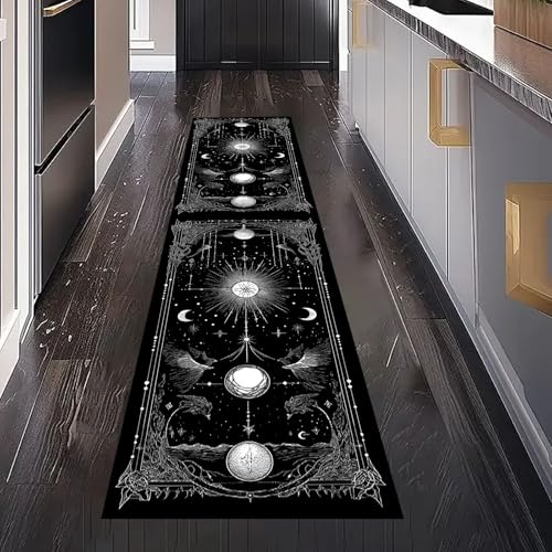 Mystisch Sternenhimmel Teppich Läufer Küchenteppich Waschbar Rutschfest 60x300 cm, Gothic Wahrsagen Fantasy Mond Teppichläufer für Küche Flur Eingangsbereich Bettumrandung Schlafzimmer Wohnzimmer
