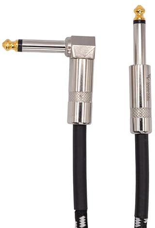 ValderVibe Guitar Cable & Lead 5m, Braided 1/4 inch (6.35mm) Mono Right Angle to straight instrument cable, Gold plated - includes 2 Free hook & loop ties
