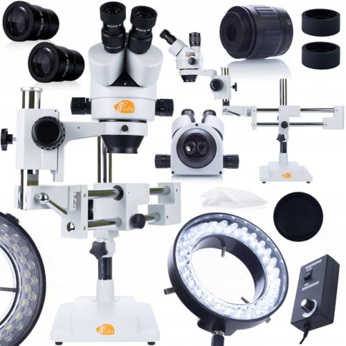 Trinokulärt stereomikroskop Jupiter Pro MSJP-T-SDMS1 set med 56 x LED ringljus | Ergonomisk, 7–45 x förstorbar, 360° roterbar, brett arbetsavstånd | laboratorium, industri, elektronik, smycken