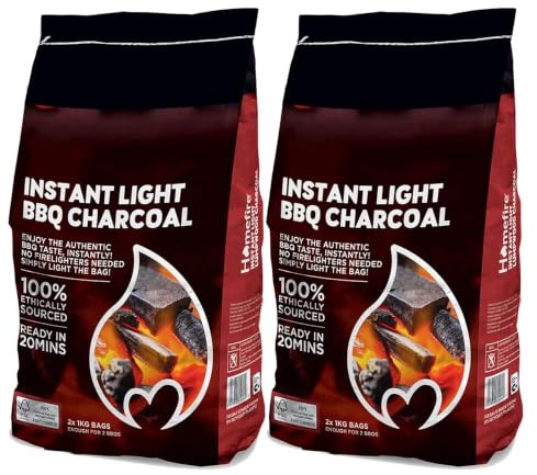 Instant Light BBQ Charcoal 2kg x 2 | 4 x 1kg Instant Lighting Bags | BBQ Fuel for Grilling, Camping & Outdoor Cooking