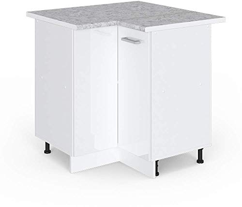 Vicco Eckunterschrank R-Line, Küchen Eckschrank, Weiß Hochglanz/Weiß, 75.6 cm, AP Marmor