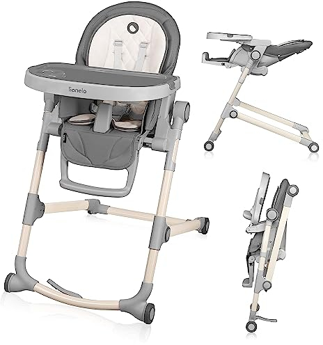 LIONELO Cora Kinderhochstuhl, hoher, verstellbarer Stuhl, abnehmbares Tablett, rutschfest, 6 bis 36 Monate, 5-Punkt-Sicherheitsgurt, Belastbarkeit bis 15 kg (Grau)