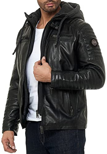 RED BRIDGE - Chaqueta de Cuero Acolchada en Negro con Capucha Desmontable para Hombre - Negro
