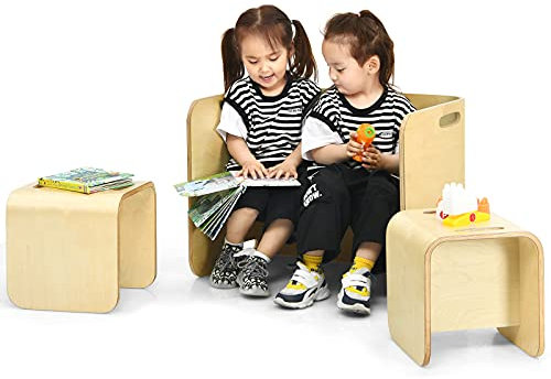 GOPLUS Kindersitzgruppe aus Birkenholz, Multifunktionsmöbel inkl. 1 Tisch und 2 Stühle für Kinder, Keine scharfen Ecken, platzsparend, Kindermöbel für Kindergarten und Kinderzimmer