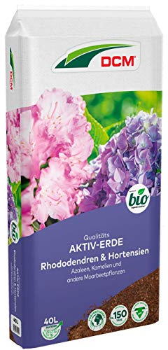 DCM AKTIV Erde Rhododendren & Hortensien - Spezialerde - für Moorbeetpflanzen & säureliebende Pflanzen - Mit organischem Dünger - Mit Mykorrhiza-Pilzen - Torfreduzierte Pflanzenerde - Bio - 40 L