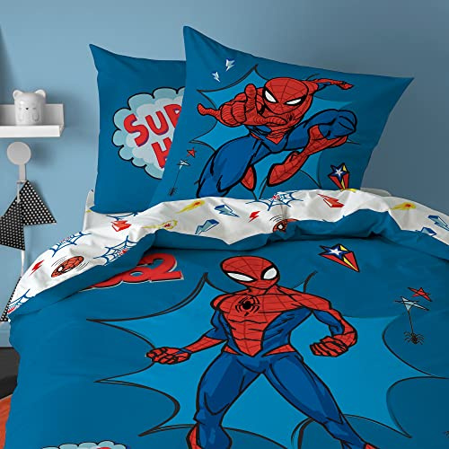 Spiderman Home Avenger Parure de lit Enfant | 100% Coton | OEKO-TEX | Housse de couette 140x200cm + Taie d'oreiller 63x63cm | Imprimé Garçon | Bleu | Housse de Couette 140x200 cm + 1 taie 63x63 cm | Fermeture avec rabat | Chambre enfant, lit 1 place | Certification Oeko-Tex