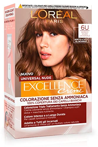 L’Oréal Paris Colorazione Permanente Excellence Universal Nude, Senza Ammoniaca, Con Riflesso Universale, Adatto a Tutti gli Incarnati, Colore Intenso a Lunga Tenuta, Biondo Scuro 6u
