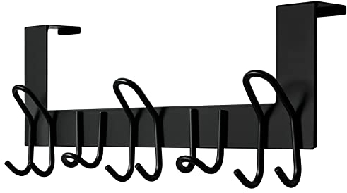 SKOLOO Perchero Puerta, Colgador Puerta en Acero Inoxidable con 11 Ganchos, Ganchos de Perchero para Dormitorio Baño Pasillo y Cocina (Negro, Puerta Espesor Menos de 4.5 cm)