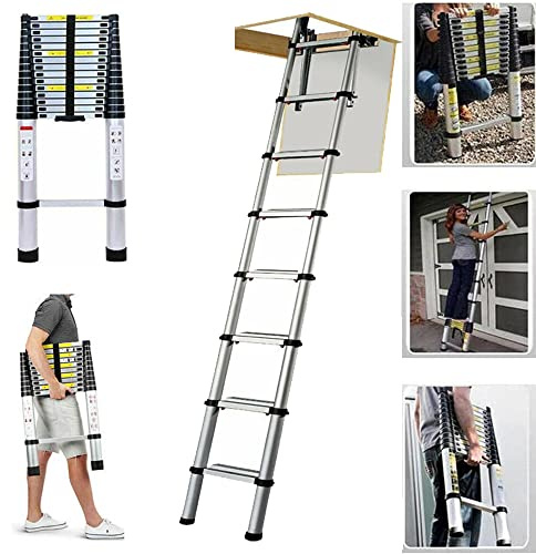 Telescopic Ladder 12.5FT, Stainless Steel Telescoping Ladder, Portable Loft Ladder for Home Outdoors, 330LB Capacity, EN131
