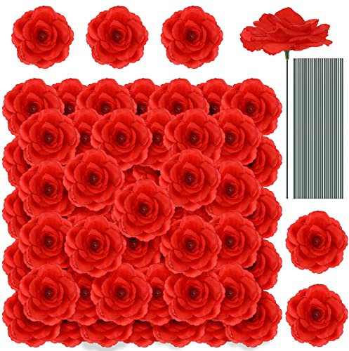 Yunlly Künstliche Seidenrosen, langer Stiel, Rosenstrauß, Hochzeit, Party, Heimdekoration, für DIY, Babyparty, Tische, Heimdekoration, Rot, 100 Stück