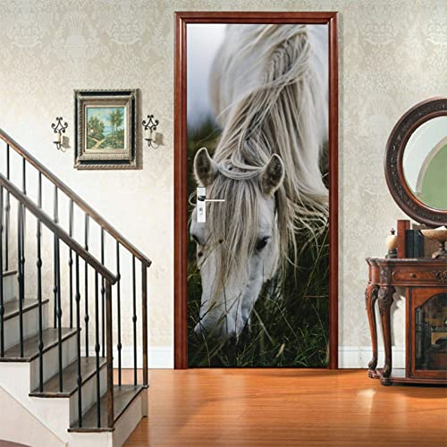 A.Monamour Türtapete Selbstklebend Türfolie Türposter 3D Weißes Pferd Das Gras In Einem Wiesen Tier Thema Frisst Vinyl Folie Türdeko Tapete Wandbild Türaufkleber Türtattoo 85x200cm