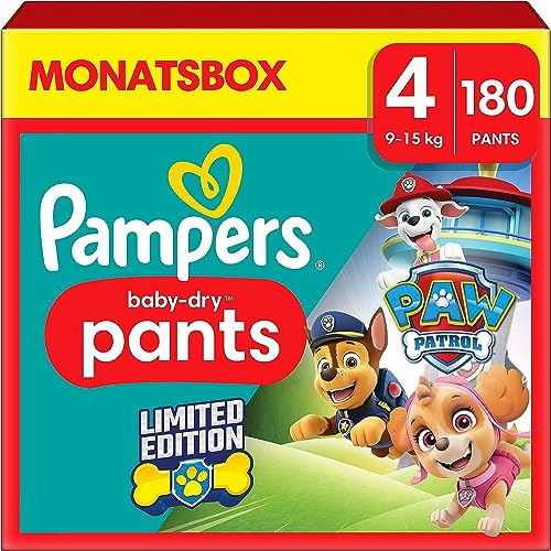 Pampers Baby-Dry Pants Paw Patrol Edition Größe 4, 180 Windeln, 9kg-15kg, 360° Passform hilft, Auslaufen zu verhindern