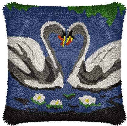 Myriad Choices Latch Hook Cushion Kits Swan 43x43cm, Latch Hook Pillow Case Kits for Adults and Kids DIY Needlework Pillow Cover Sofa Cushion Rug Making Kits DIY Craft Kits Home Decor