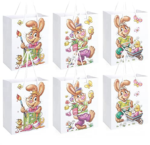 COM-FOUR® 6x påskpåse med motiv - papperspåse för fyllning - påskpåse för presenter och påskägg - presentpåse i papper med bärsnöre i påskdesign (06 stycken - medium - kaniner)