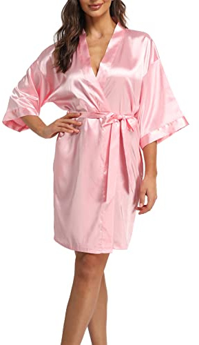 Teemie Dammorgonrock, badrock, satin, kimono, rock, nattkläder, med bälte, fickor, brud, brudtärnor, kort, sexig, v-ringad, nattlinne, sommar, kvinnor, 3/4 ärmar, pyjamas, bröllop, fest, ROSA, XL