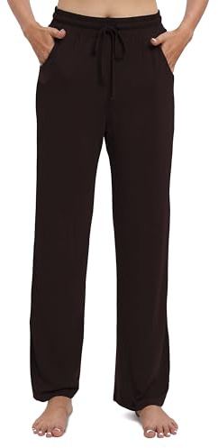 EXCHIC Femmes Casual élasticité Jambes Droites Pantalons avec Cordon élastique Taille Yoga Pantalons avec Poches(XXL, Café)