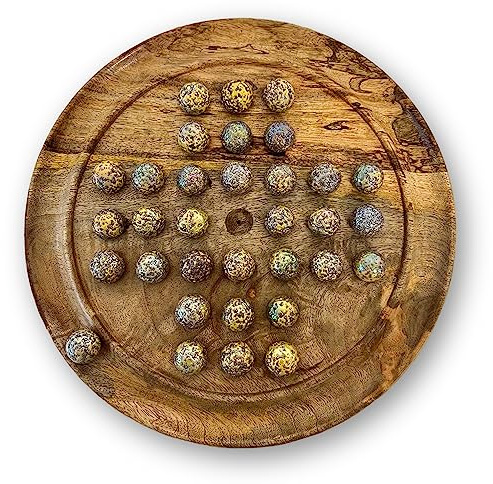Solitär-Brettspiel aus Holz, 30 cm Durchmesser, mit gesprenkelten goldenen Spinosaurus-Glasmurmeln, klassisches Solitär-Spiel aus Holz, Strategie-Brettspiel