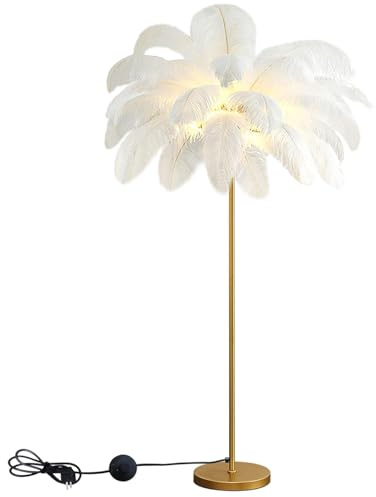 ANram Lampadaire à plumes 160 cm avec lampe LED G4, lampadaire avec plume et interrupteur à pied, lampe de sol élégante autruche en plumes naturelles pour chambre à coucher, salon, blanc