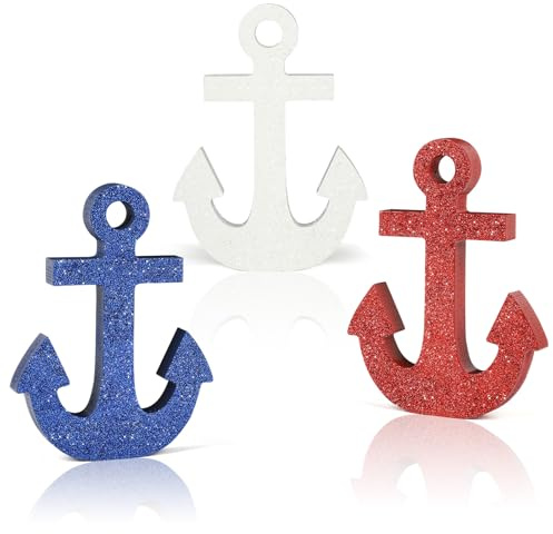 COCHIE Wooden Anchor Nautical Decorations Set of 3, Double-Sided Summer Nautical Tiered Tray Decor, Wood Cruise Anchors Sign for Tabletop, Home, Office, Desk, Shelf, Party Decoration (Shinny Anchor)