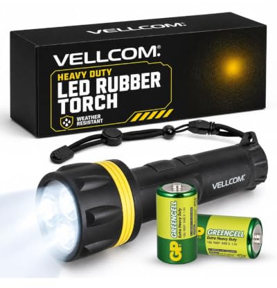 RT5149 Heavy Duty LED Rubber Torch Weather Resistant Powered by 2 x D Type All Batteries Included Vellcom [Energy Class A+]