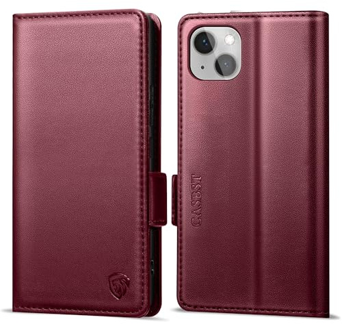 CASBST Handyhülle für iPhone 14 Hülle Premium Leder Schutzhülle Klappbar mit Kartenfach Ständer Magnet für iPhone 14 Handytasche mit RFID Kameraschutz Flip Case Klapphülle für iPhone 14 Weinrot