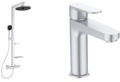 Set aus Ideal Standard BD583SI Alu+ Duschsystem mit Ceratherm Brausethermostat, Silber (Silver) + BD131SI Cerafine O Waschtischarmatur mit Push-Open-Ventil