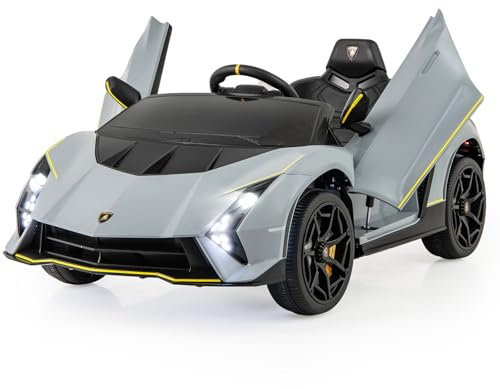 COSTWAY Elektroauto Lamborghini, 12V Kinderauto mit Fernbedienung & LED-Leuchten & Hupe & Musik, 3 Gang Elektrofahrzeuge 2-4 Km/h, für Kinder ab 3 Jahre (Grau)