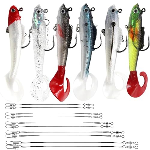 KYEDGC 6pcs Pike Lures with 10cm-30cm Wire Traces, Silicone Fishing Lures, Realistic Design, 10pcs Stainless Steel Leaders, 6pcs Treble Hooks, Saltwater & Freshwater Fishing