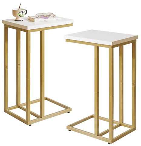 Aibiju Set of 2 Small Side Table for Laptop, End Table for Sofa, Couch Table with Metal Frame for living Room, Bedroom, Balcony, White and Gold Metal Frame, YD-TM051WG-2