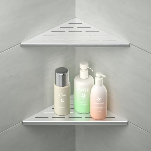 Bernkot Corner Shower Shelf 304 Stainless Steel, Recessed Corner Shelves Slot Design, 10 Triangular Corner Shelf 1.5mm Thickness Bathroom Shelf for Tiled Wall, No Drilling, 2 Pack,Silver