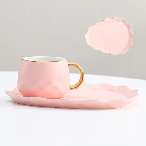 FülleMore Porzellan Espressotasse mit Löffel und 21.5x16cm dreieckiger Unterteller 220ml Kaffeetasse Cappuccino Tasse Goldrand Teetasse Mochatasse Geschenk für Frauen Mädchen Freundin (Rosa)