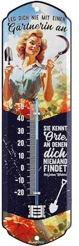 LANOLU Thermometer Garten außen- und innen, leg dich nicht mit Gärtnerin an, Deko Garten vintage Schilder, Retro Blechschild, Chill Lounge Gartendeko - Wanddeko Garten Schild aus Metall 8x28cm