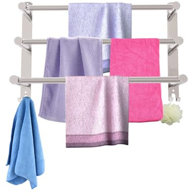 Toallero sin taladrar, toallero de acero inoxidable extensible 43-78 cm, 3 barras con doble gancho, 2 métodos de instalación, para baño, cocina, terrazas