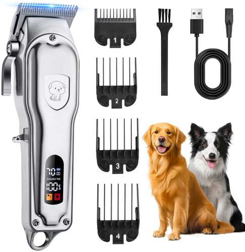 YAZEKY Profi Hundeschermaschine, Schermaschine Hund Katze,Tierhaarschneidemaschine set mit 4 Schneidköpfen Leistungsstarkem Motor für Körper, Gesicht, Ohren, Pfoten und anderen Teilen (Silber)